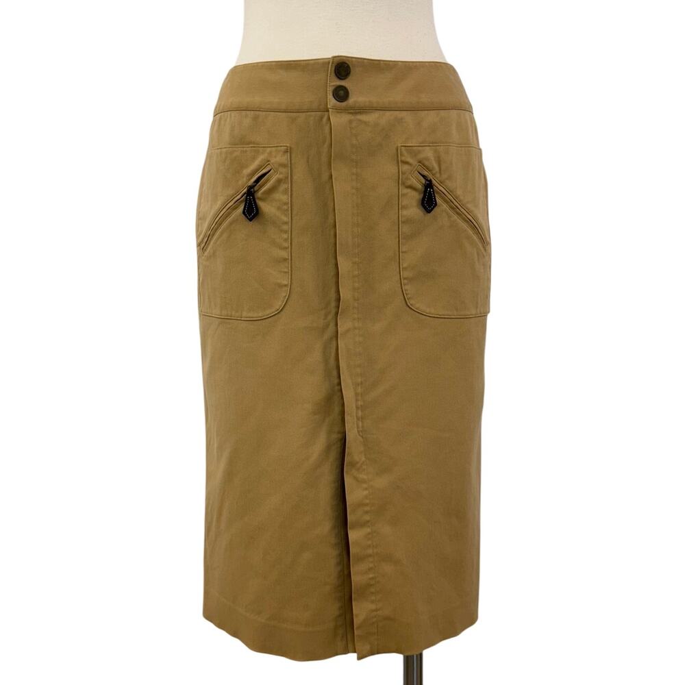 Ralph Lauren Black Label Front Zip Pencil Skirt Knee Length Tan Brown Size 4 Vtg